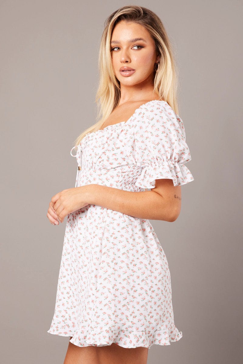 White Floral Fit And Flare Dress Puff Sleeve - Image 4