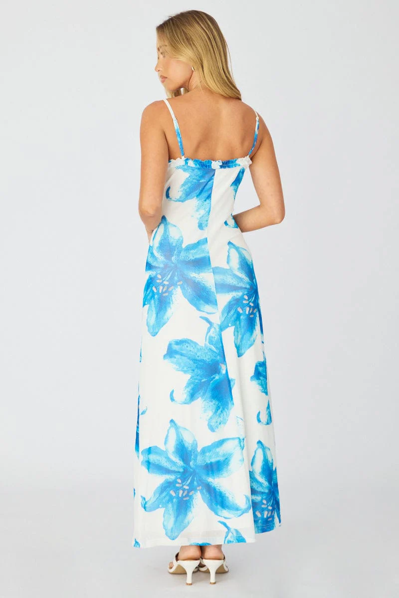 White Floral Maxi Dress Cut Out Detail Mesh - Image 5