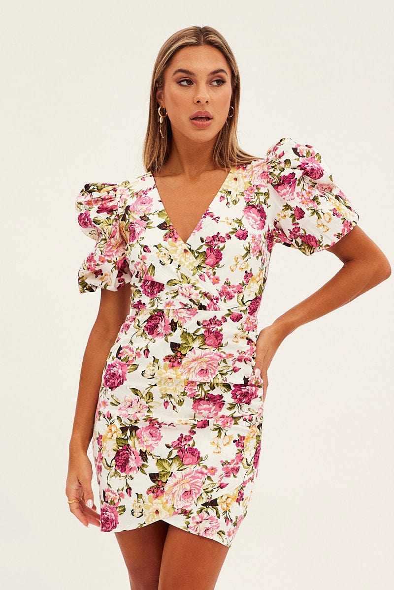 White Floral Mini Dress Puff Sleeve V-Neck - Image 3