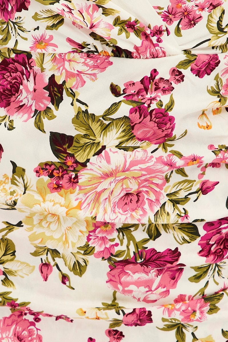 White Floral Mini Dress Puff Sleeve V-Neck - Image 6