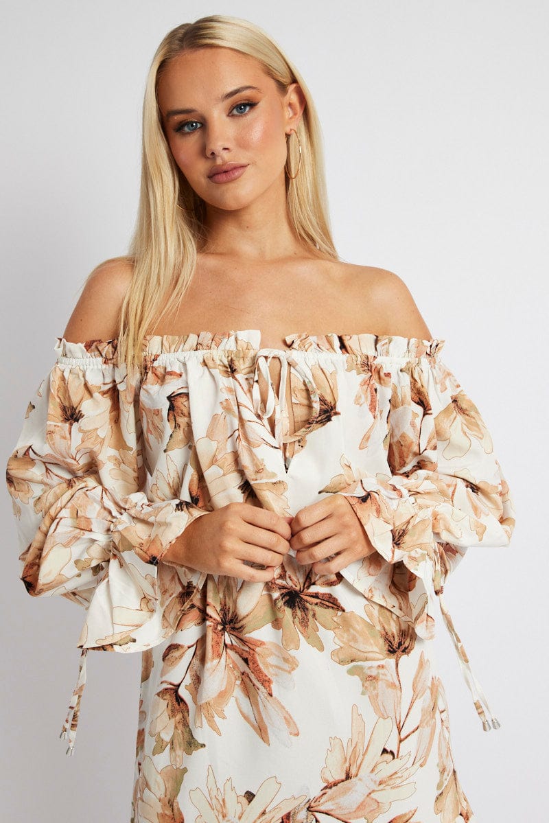 White Floral Off Shoulder Dress Balloon Sleeve Skater Dress - Image 3