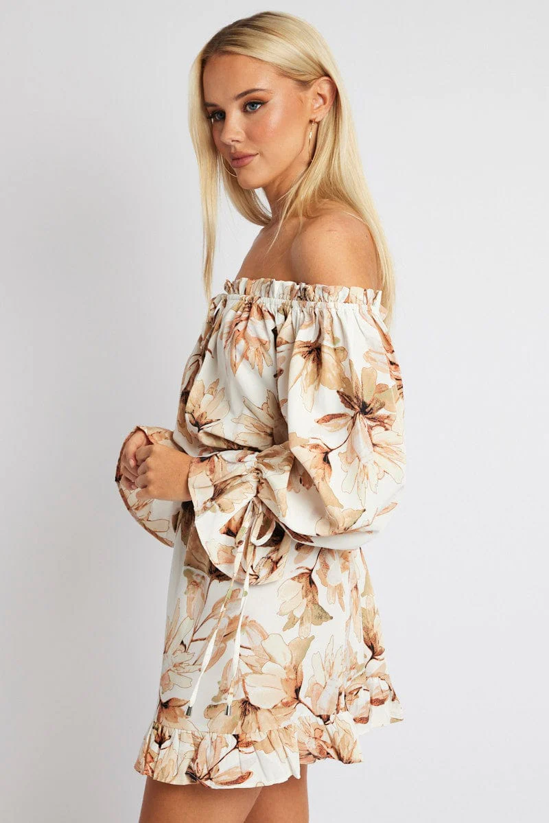 White Floral Off Shoulder Dress Balloon Sleeve Skater Dress - Image 4