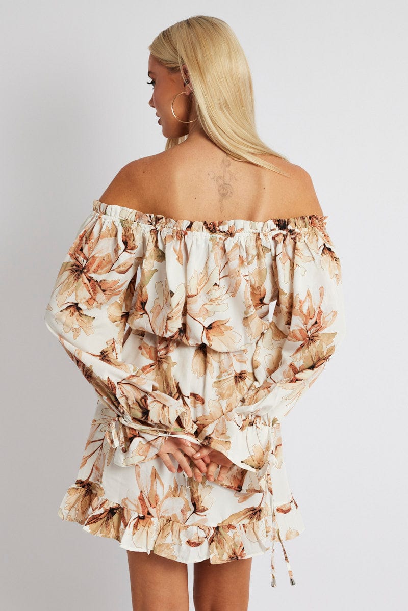 White Floral Off Shoulder Dress Balloon Sleeve Skater Dress - Image 5