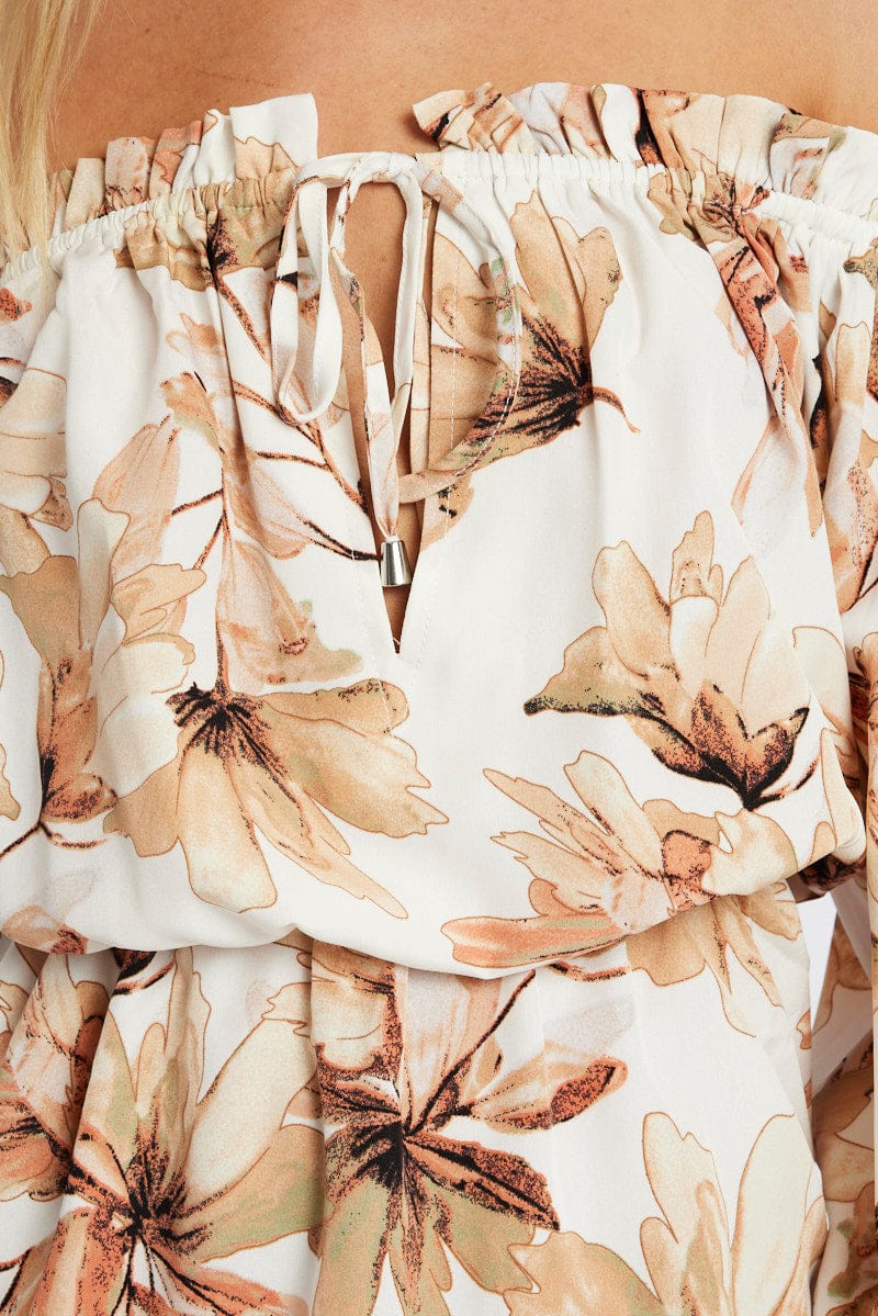 White Floral Off Shoulder Dress Balloon Sleeve Skater Dress - Image 6