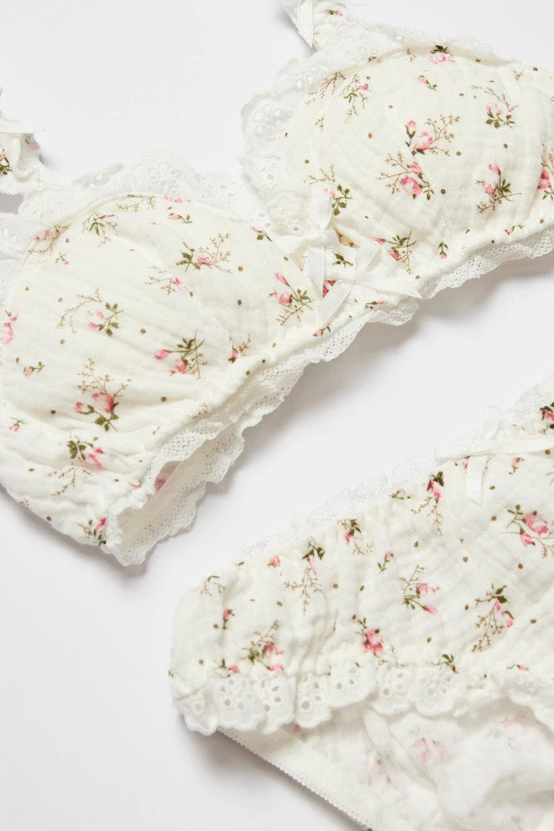 White Floral Print Lingerie Set - Image 2