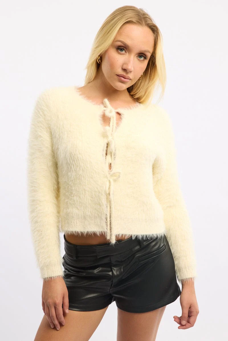White Fluffy Cardigan Long Sleeve Tie Up