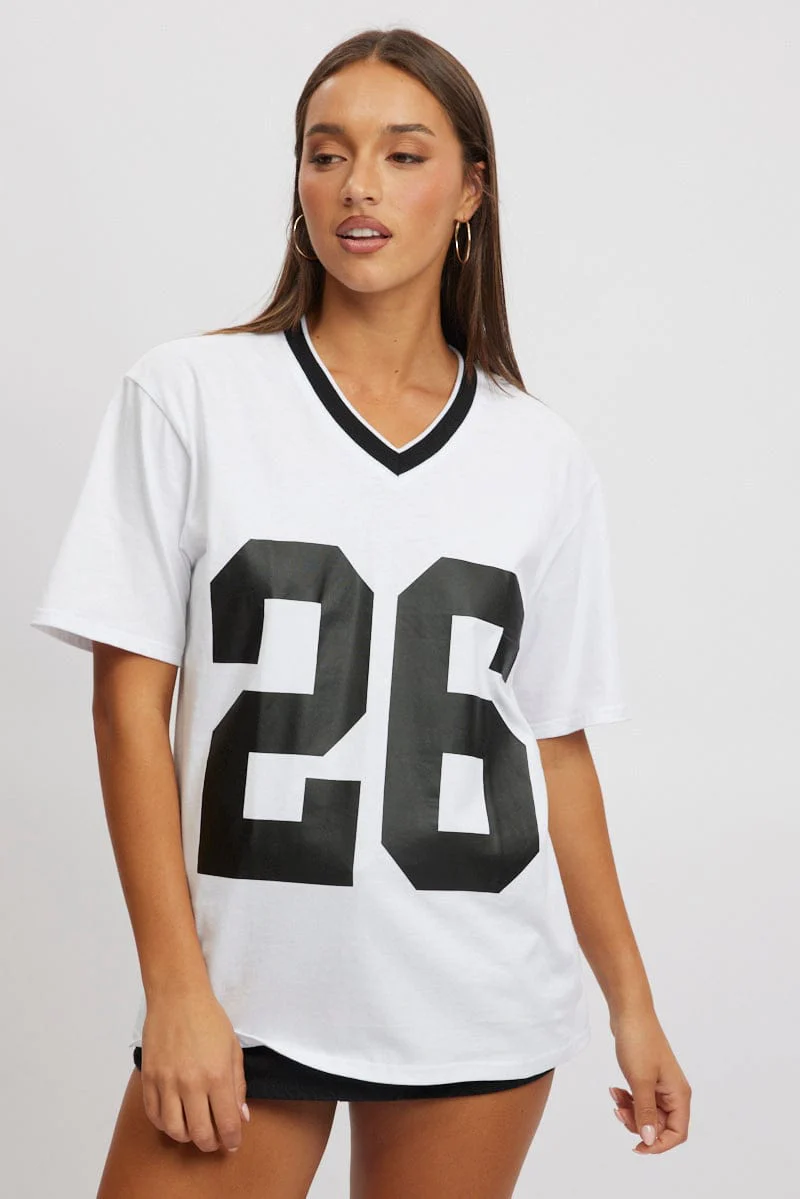 White Graphic Tee V Neck Short Sleeve - Image 3