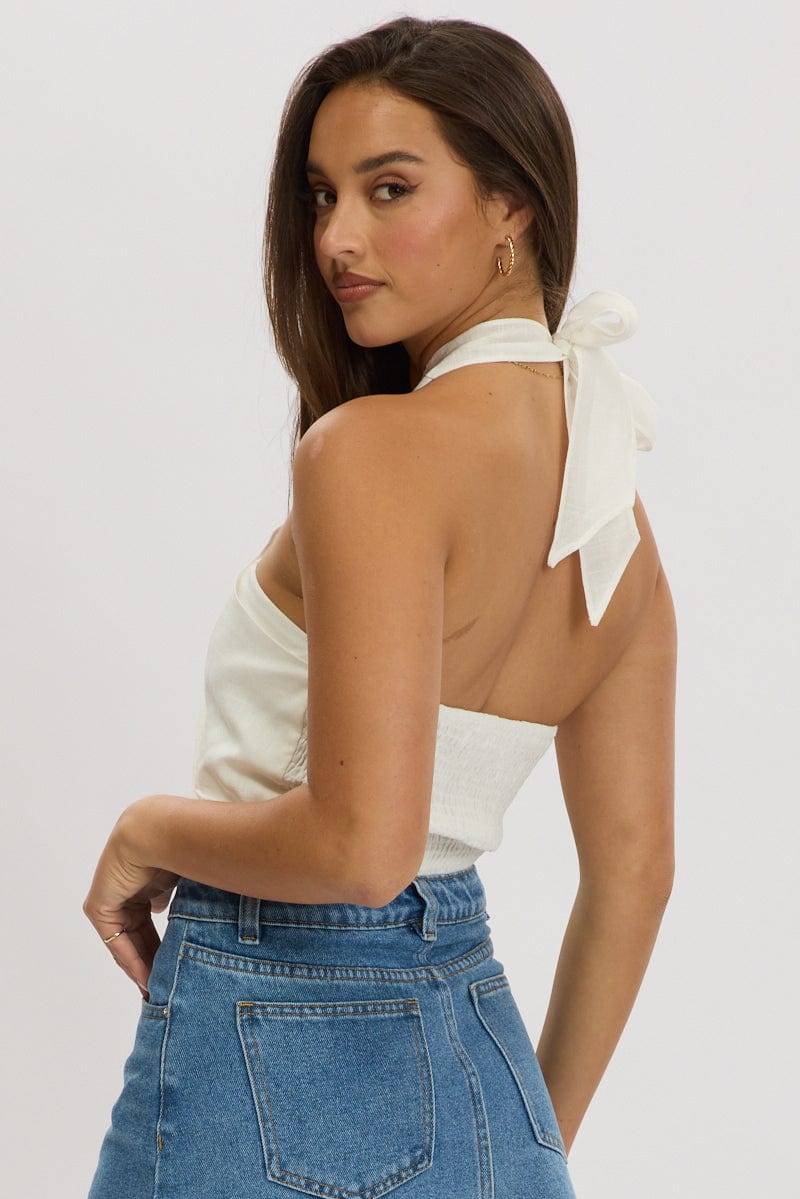 White Halter Crop Top Linen Blend - Image 5