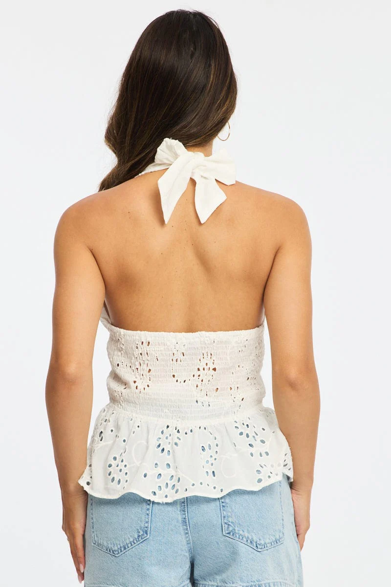 White Halter Eyelet Top Sleeveless Gathered - Image 4