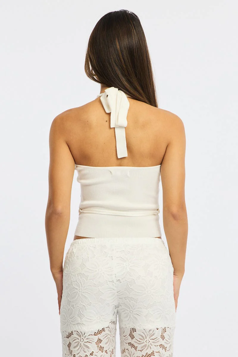 White Halter Knit Top Buckled Waist - Image 4
