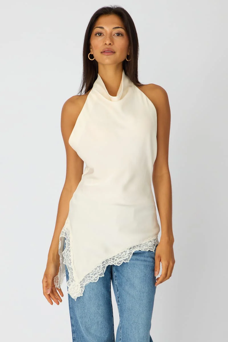 White Halter Lace Top Sleeveless Satin - Image 3