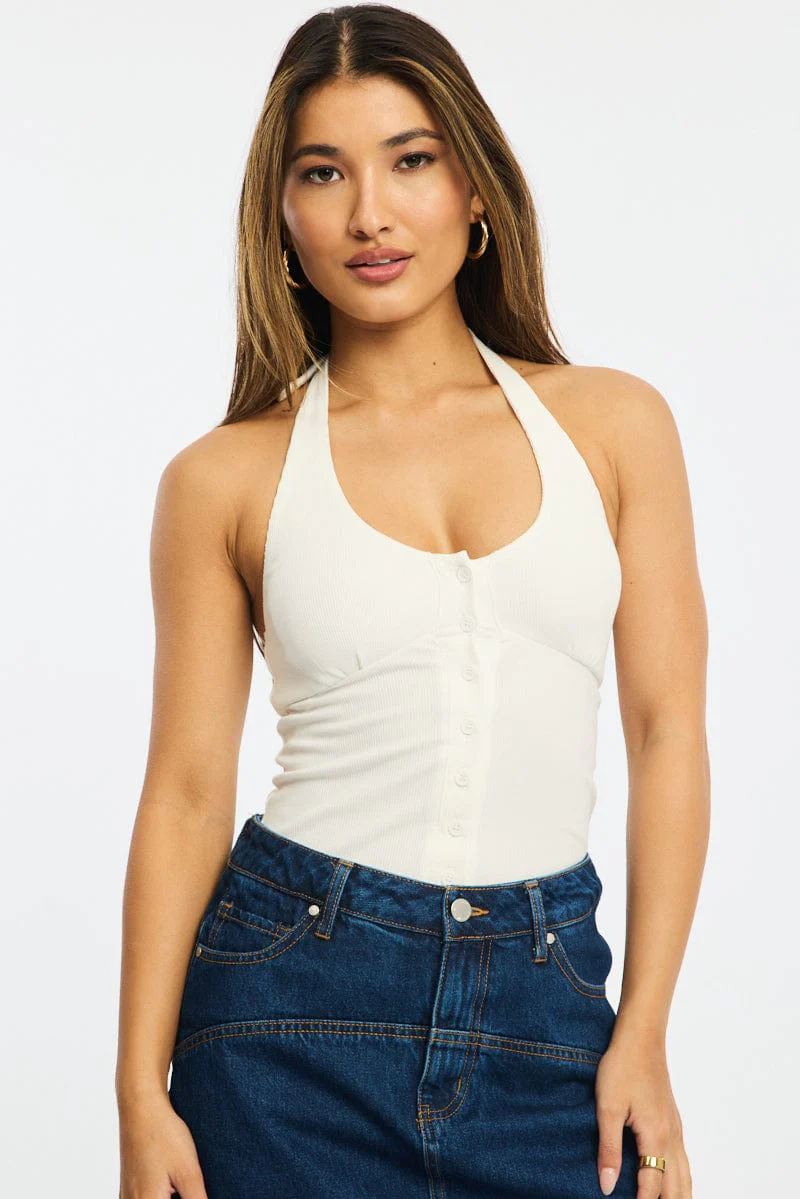 White Halter Neck Top Button Front Rib