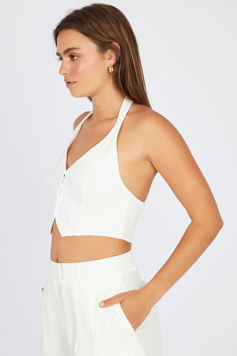 White Halter Neck Vest V Neckline Linen - Image 4