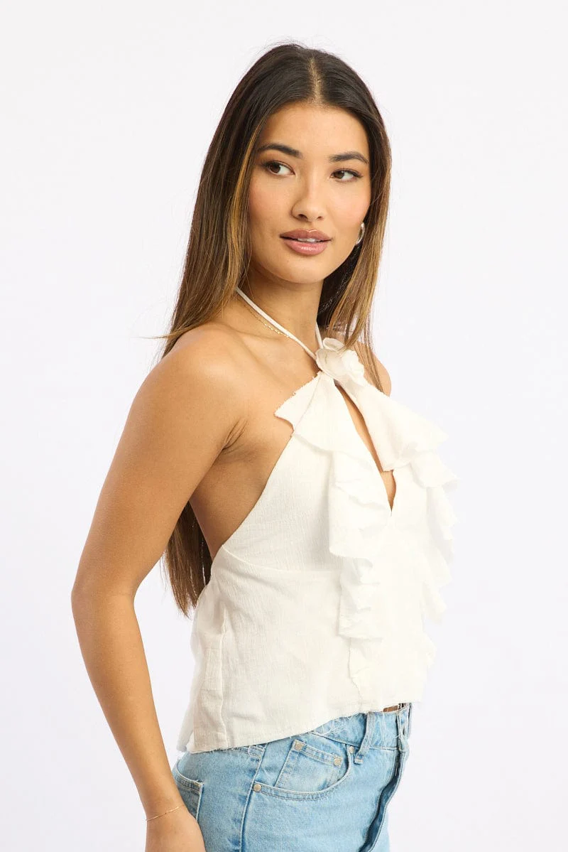 White Halter Top Sleeveless Rosette Romantic Frills - Image 3