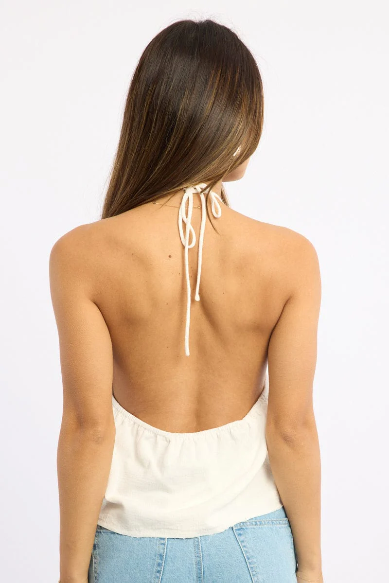 White Halter Top Sleeveless Rosette Romantic Frills - Image 4