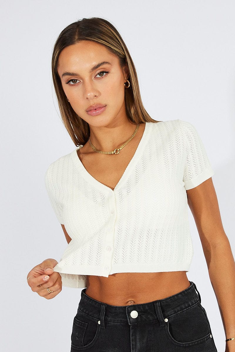 White Knit Cardigan Short Sleeve V Neck - Image 3