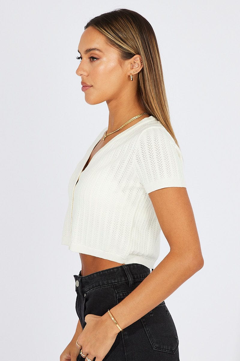 White Knit Cardigan Short Sleeve V Neck - Image 4
