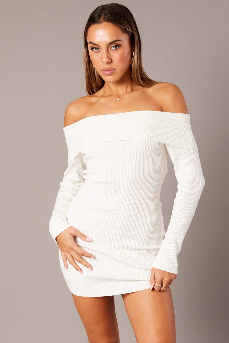 White Knit Dress Long Sleeve Mini - Image 3
