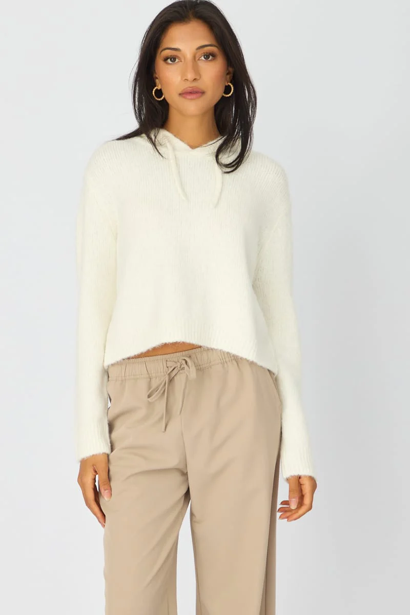 White Knit Hoodie Long Sleeve - Image 3