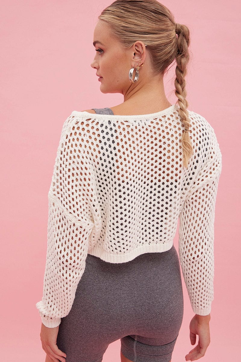 White Knit Jumper Long Sleeve Fishnet - Image 6