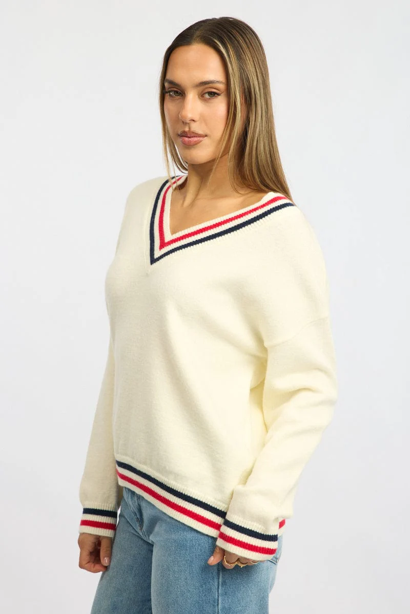 White Knit Jumper Long Sleeve V-neck - Image 3