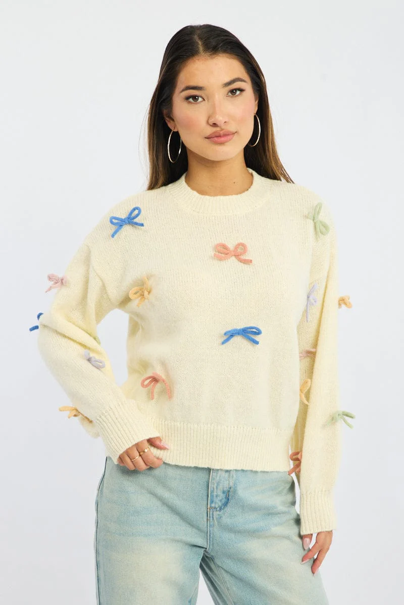 White Knit Top Long Sleeve Bow Trim