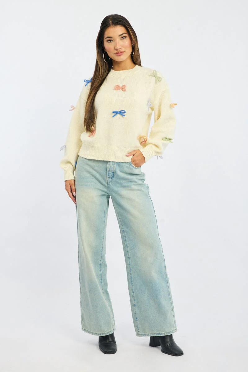 White Knit Top Long Sleeve Bow Trim - Image 2