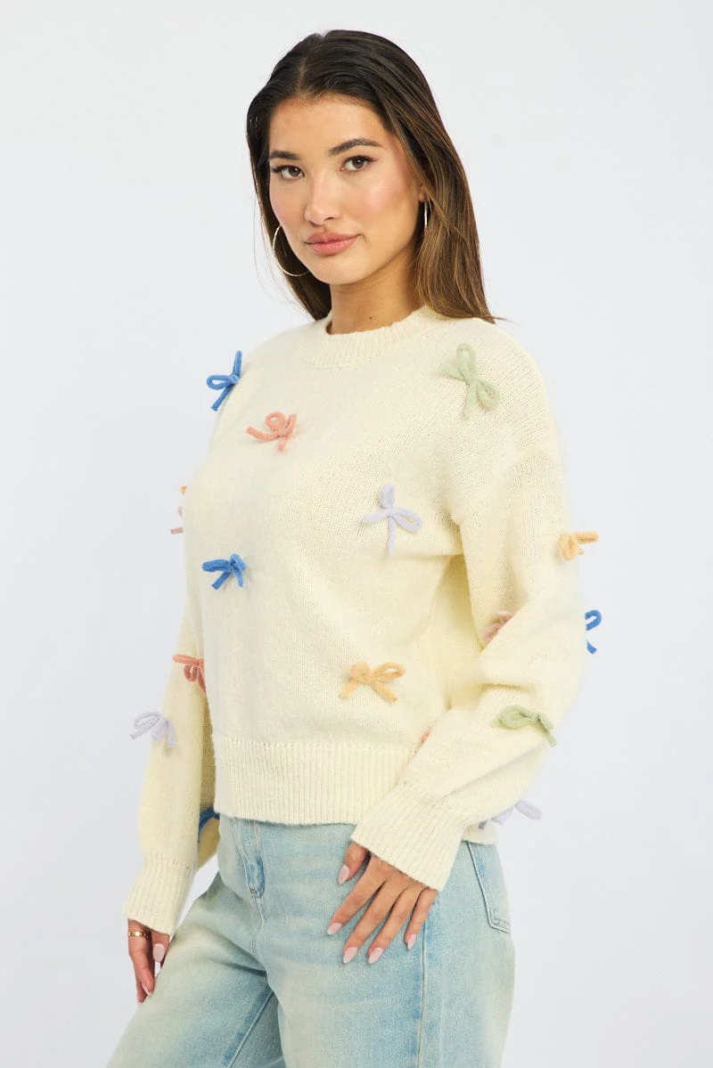 White Knit Top Long Sleeve Bow Trim - Image 3
