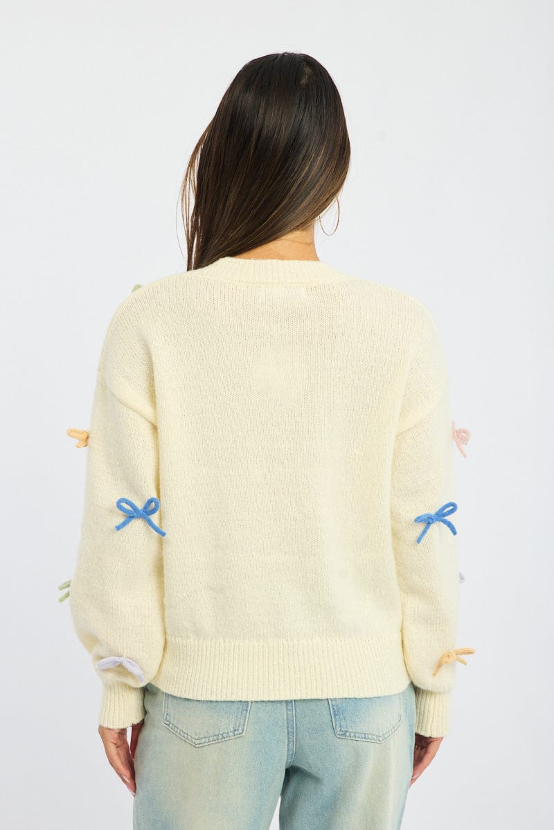 White Knit Top Long Sleeve Bow Trim - Image 4