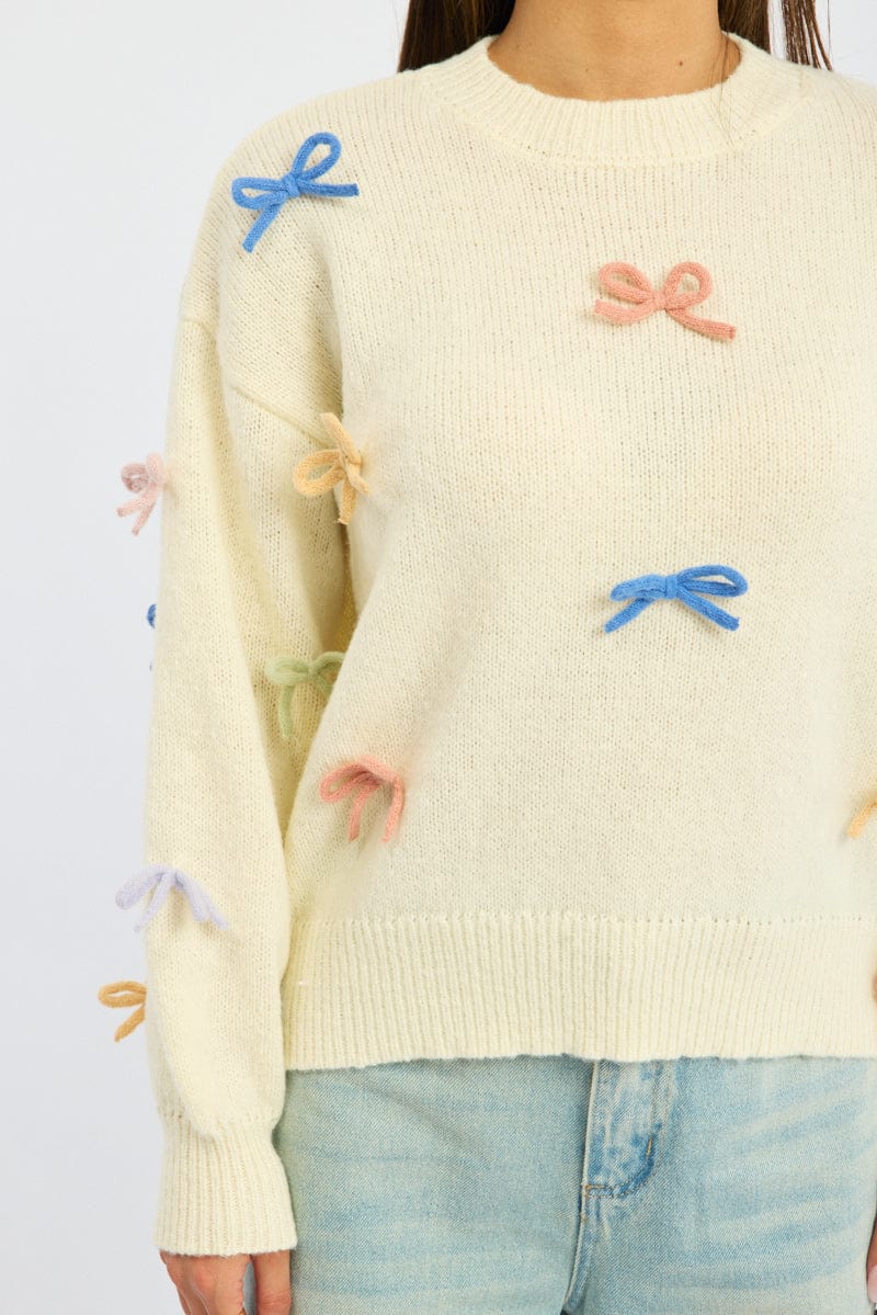 White Knit Top Long Sleeve Bow Trim - Image 5