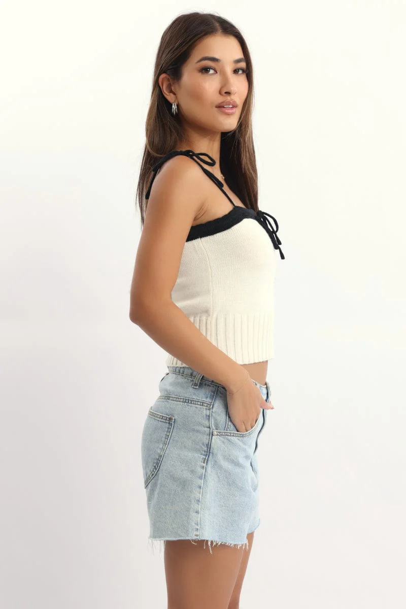White Knit Top Sleeveless Contrast Ribbon - Image 3