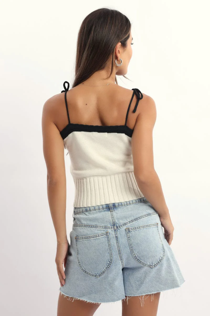 White Knit Top Sleeveless Contrast Ribbon - Image 4