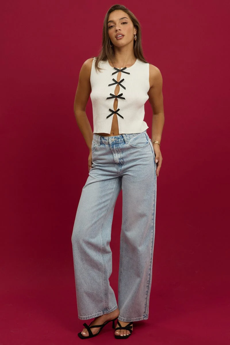 White Knit Top Sleeveless Front Ribbon - Image 2