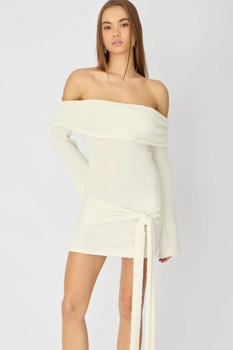 White Knitted Off Shoulder Tie Waist Mini Dress - Image 2