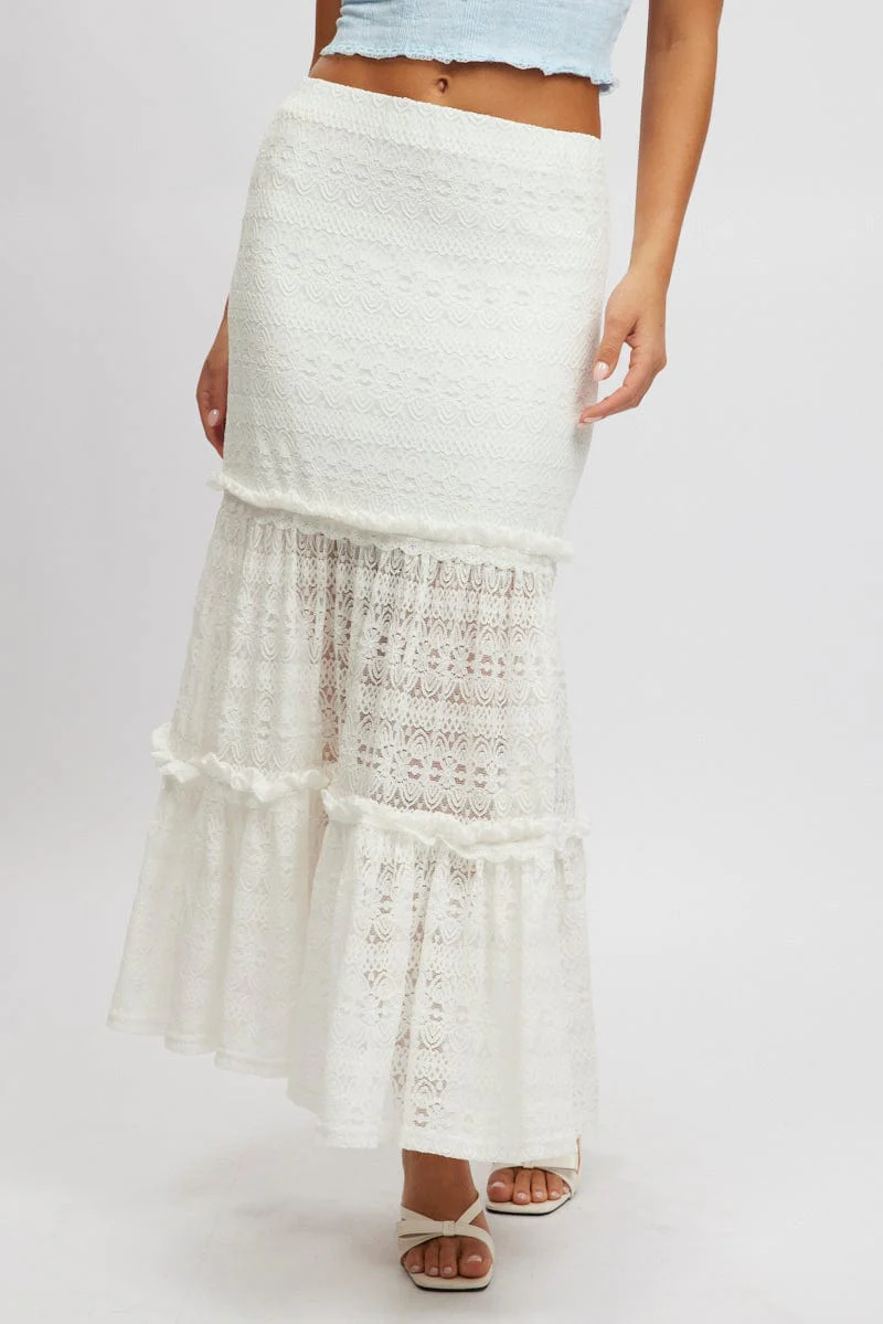 White Lace Maxi Skirt Elastic Waist Tiered Lined - Image 2