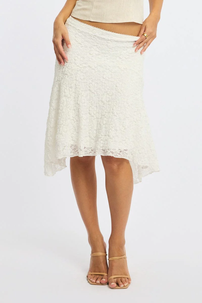 White Lace Midi Skirt Mid Rise Textured Lined - Image 2