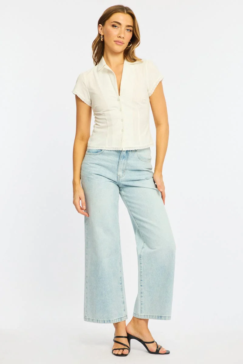 White Lace Trim Shirt Cap Sleeve Collared Textured - Image 2