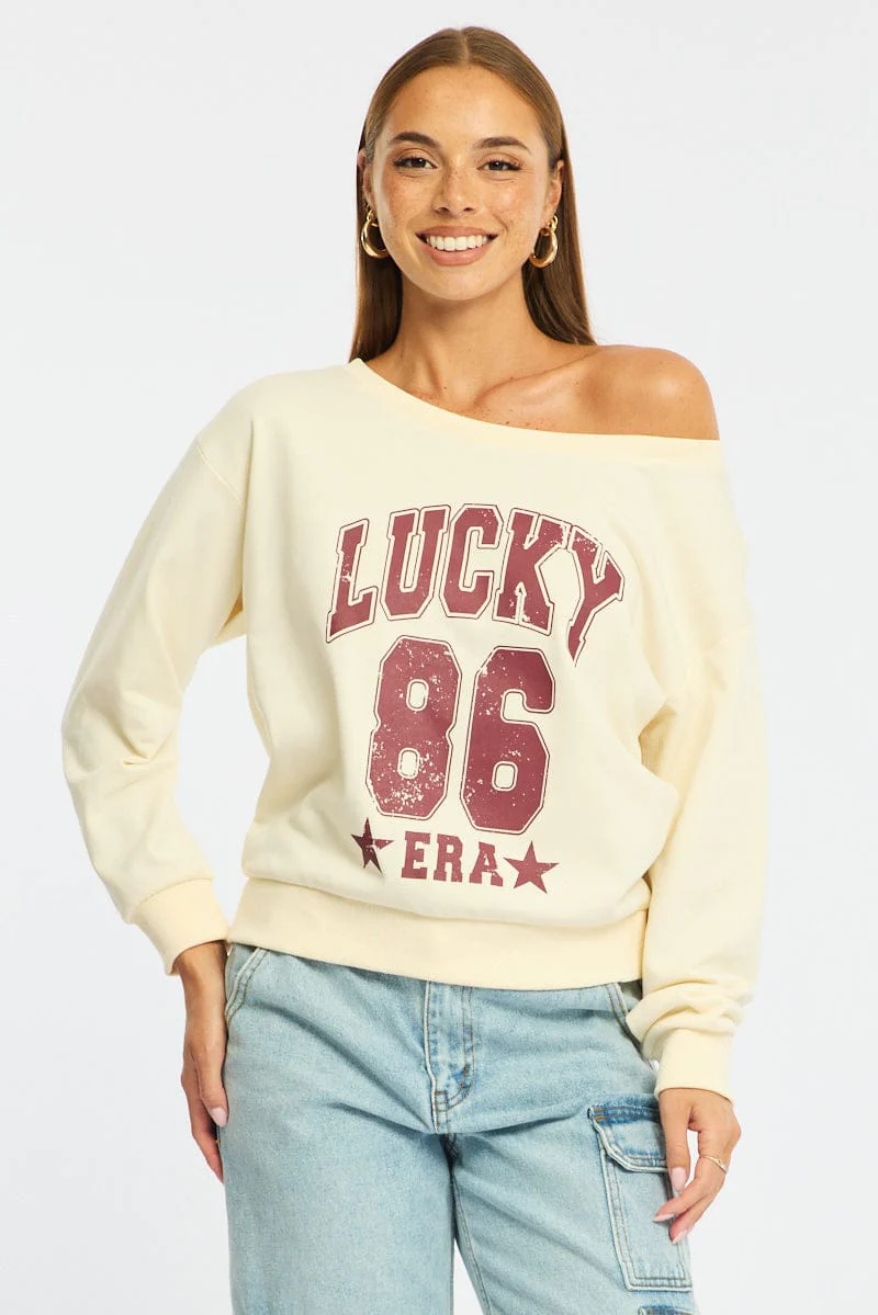 White Long Sleeve Off The Shoulder Graphic Sweater