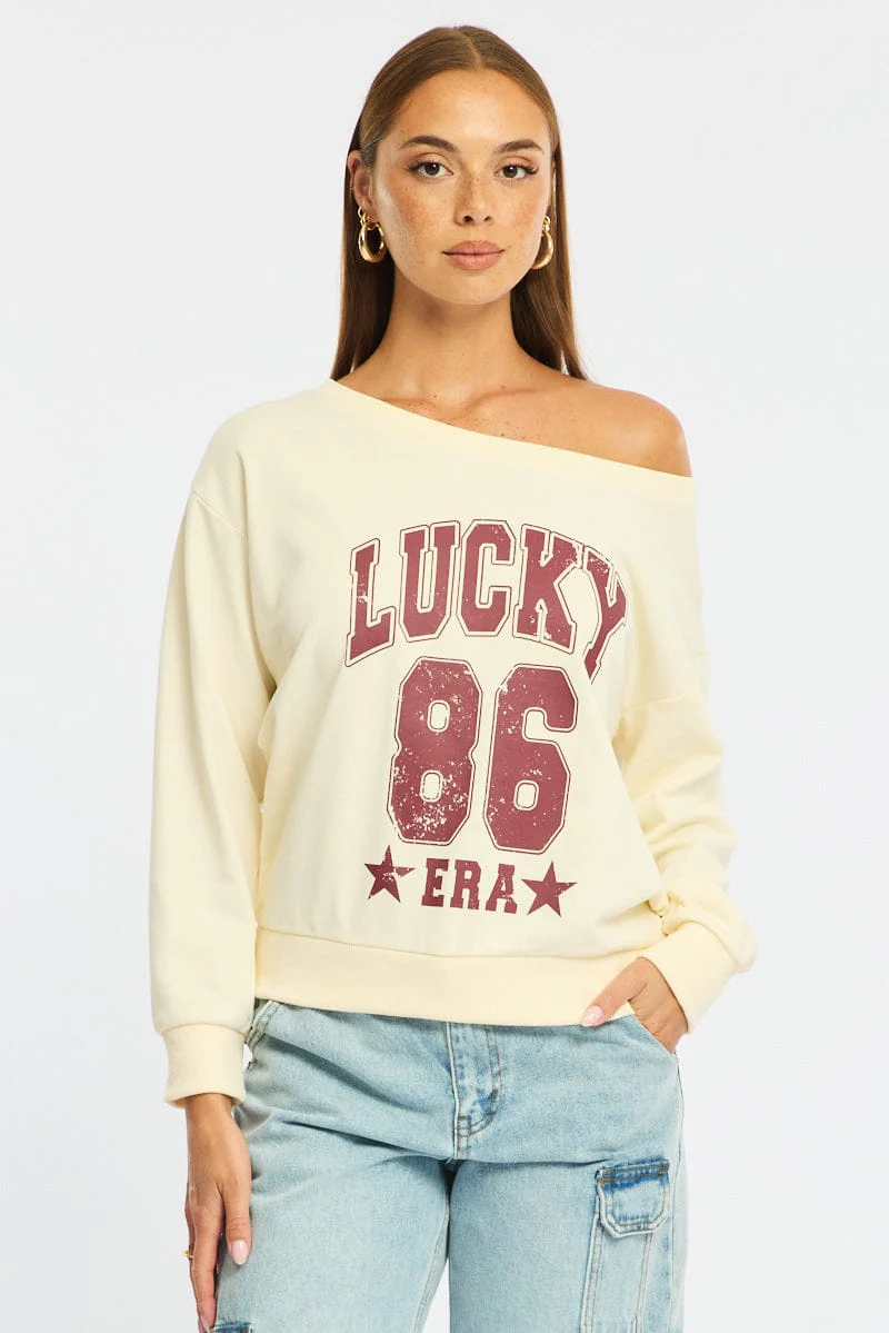 White Long Sleeve Off The Shoulder Graphic Sweater - Image 3