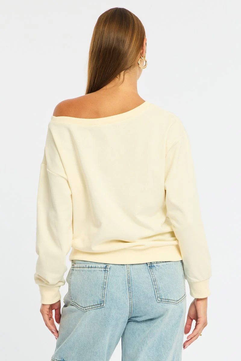 White Long Sleeve Off The Shoulder Graphic Sweater - Image 5
