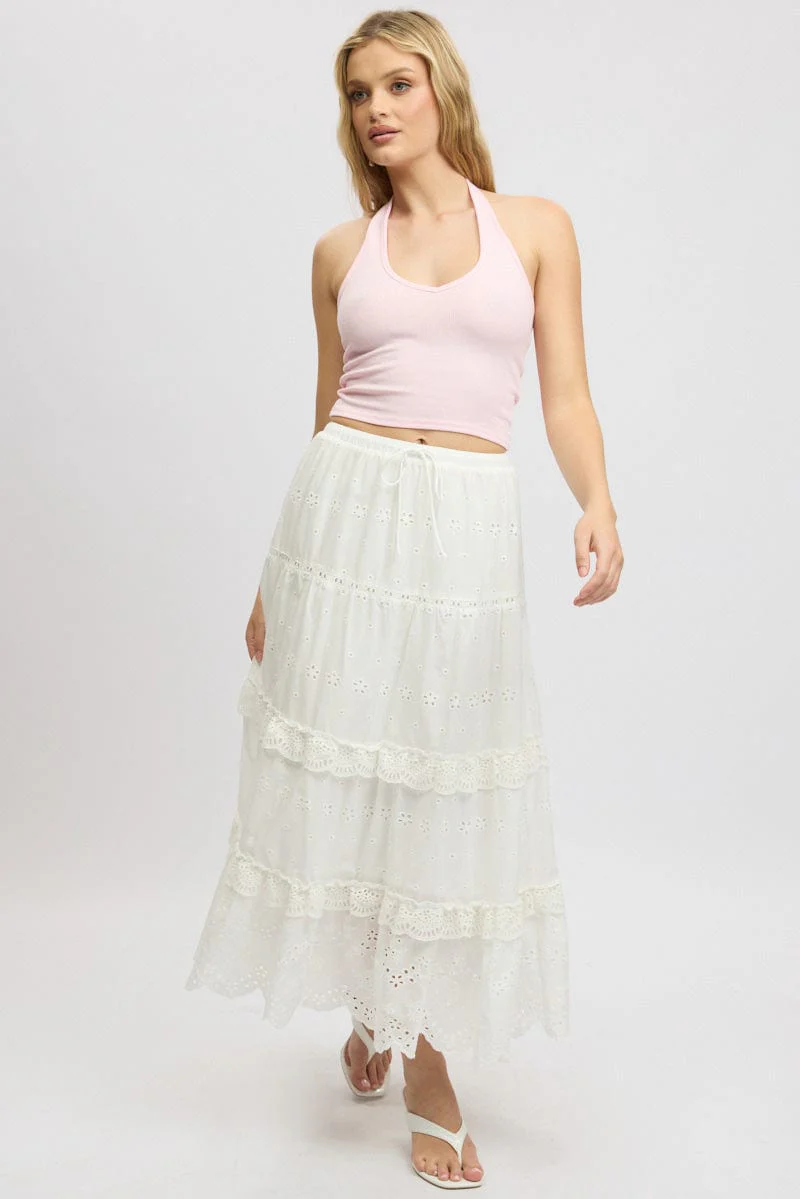 White Maxi Skirt High Waisted Tiered Broidery Eyelet - Image 2