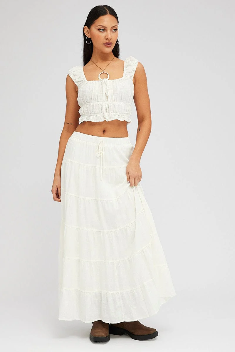 White Maxi Skirt Tiered High Rise Linen Blend - Image 5