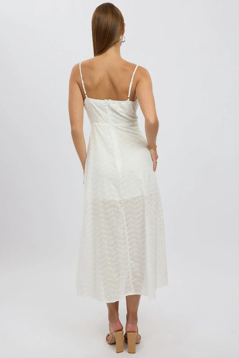 White Midi Dress Gathered Bust Eyelet Fabric - Image 5