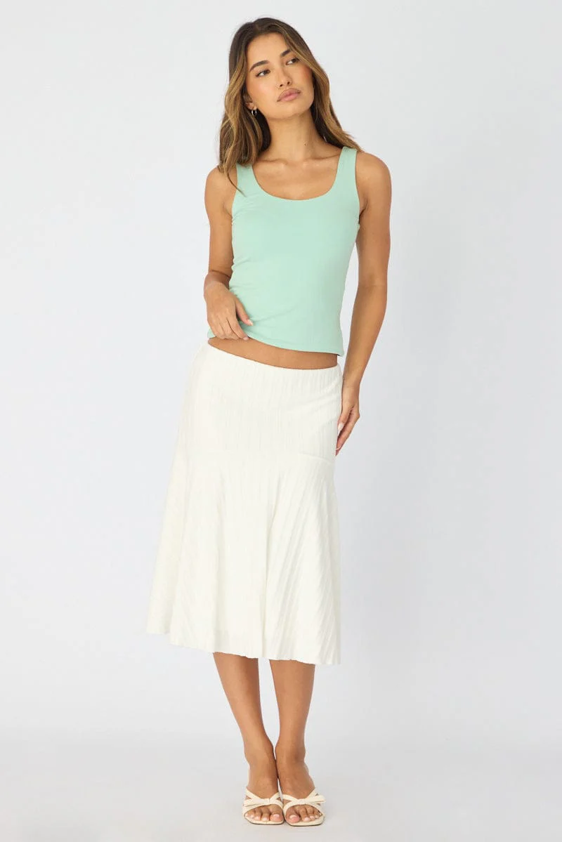 White Midi Skirt Elastic Waist Jacquard Rib Knit Lined - Image 3