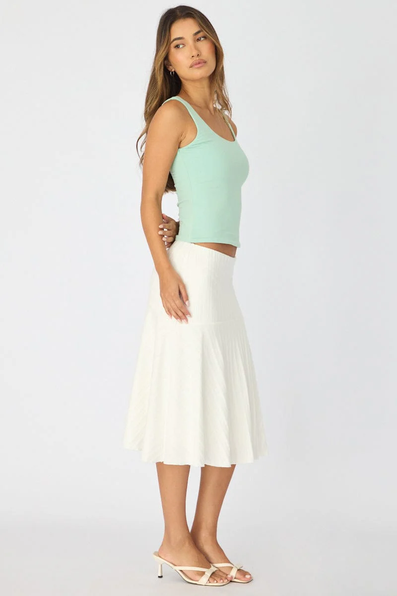 White Midi Skirt Elastic Waist Jacquard Rib Knit Lined - Image 4