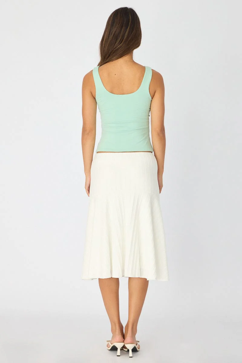 White Midi Skirt Elastic Waist Jacquard Rib Knit Lined - Image 5