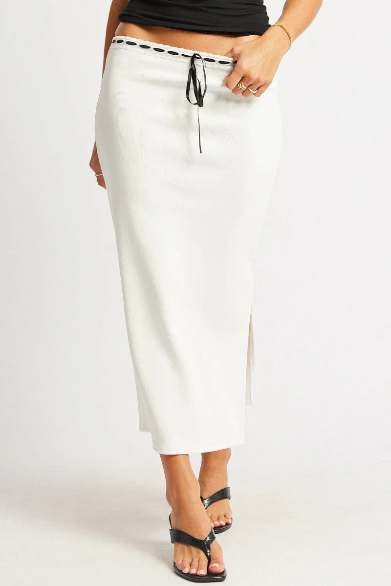 White Midi Skirt High Rise Lace Detail Rib Jersey - Image 3