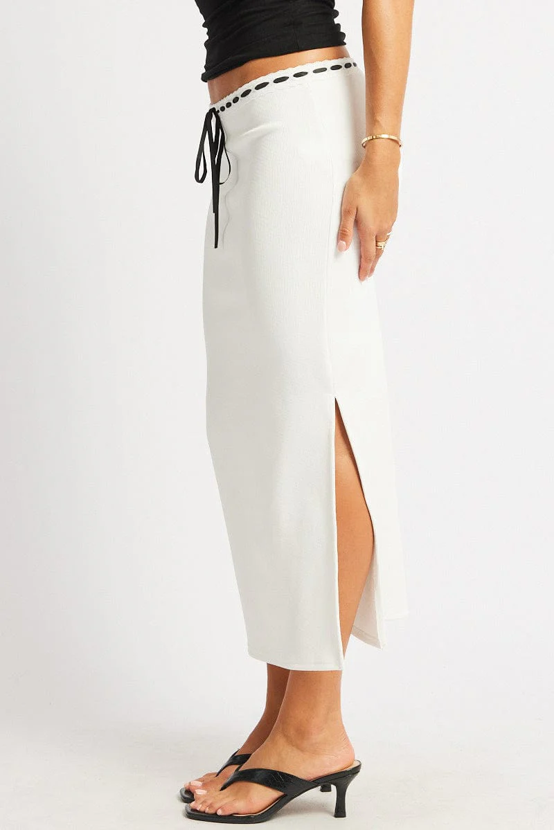 White Midi Skirt High Rise Lace Detail Rib Jersey - Image 4
