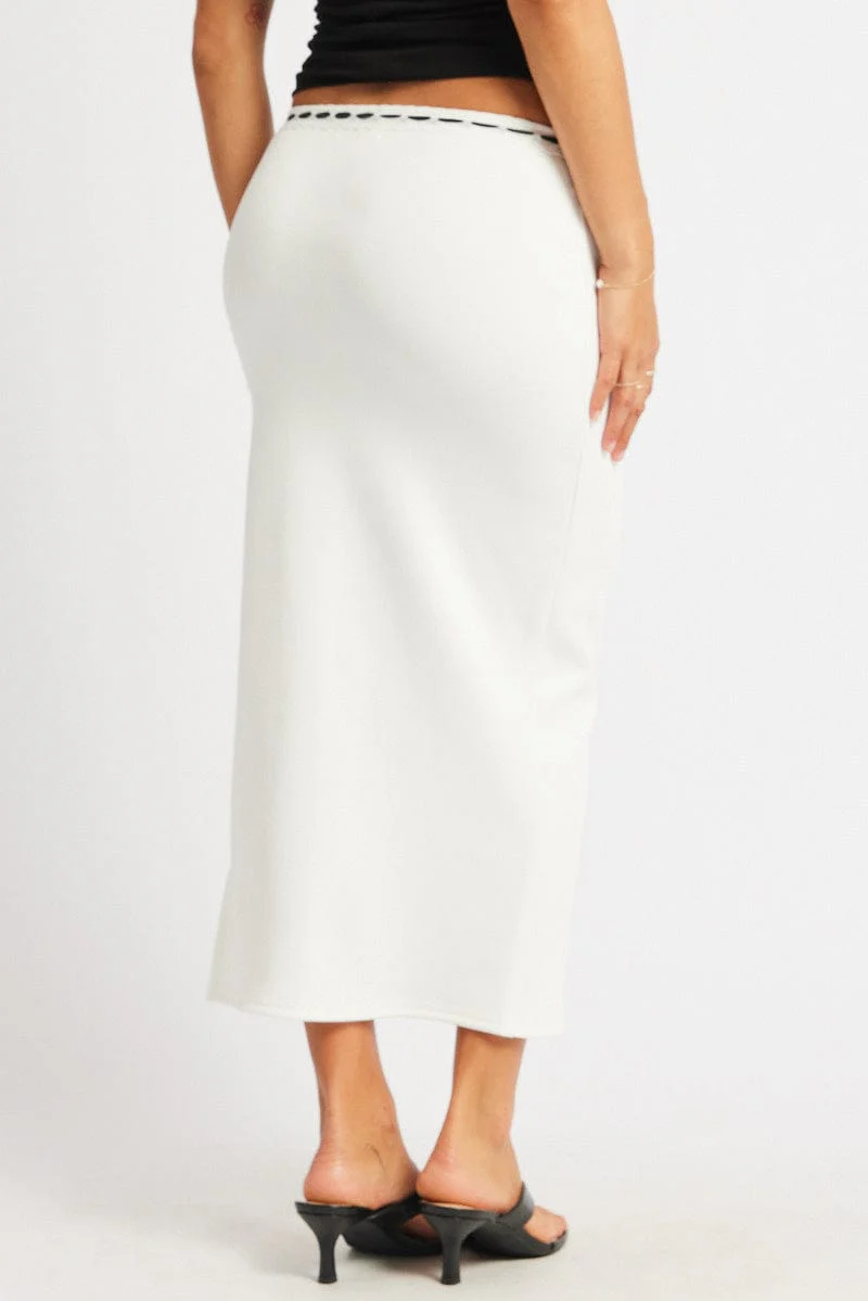 White Midi Skirt High Rise Lace Detail Rib Jersey - Image 5