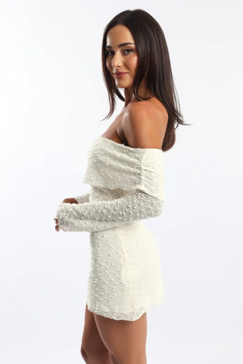 White Off Shoulder Dress Long Sleeve - Image 3